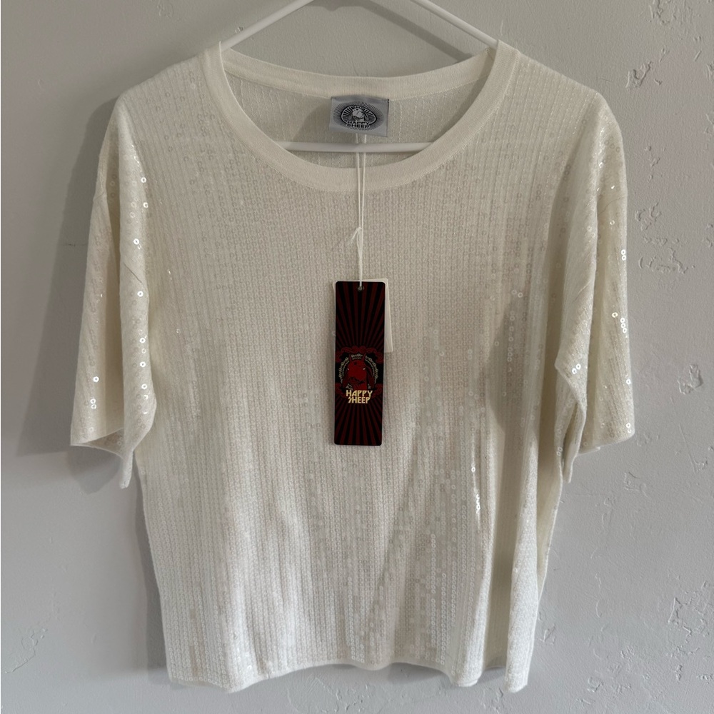 Happy sheep Sequence White TShirt Sweater sz. M NWT